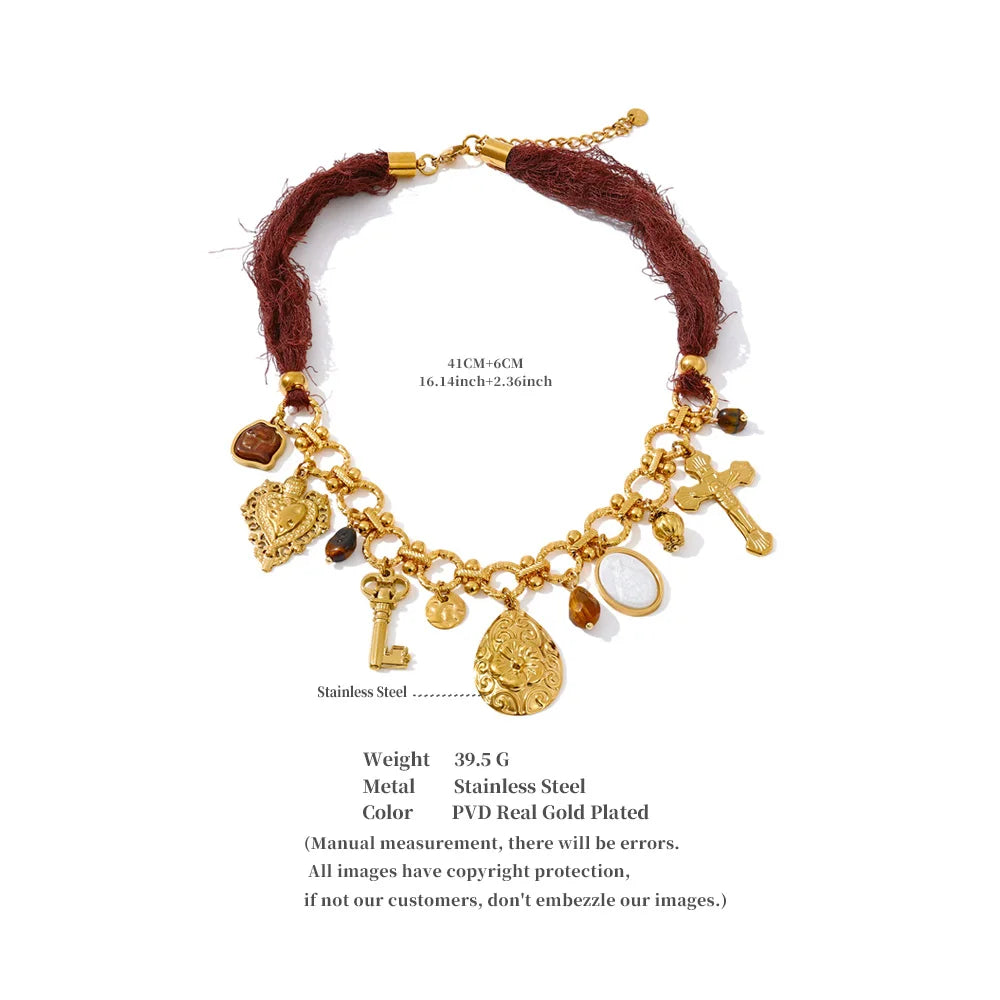 Red Rope Chain Heart Flower Cross Drop Charm Necklace