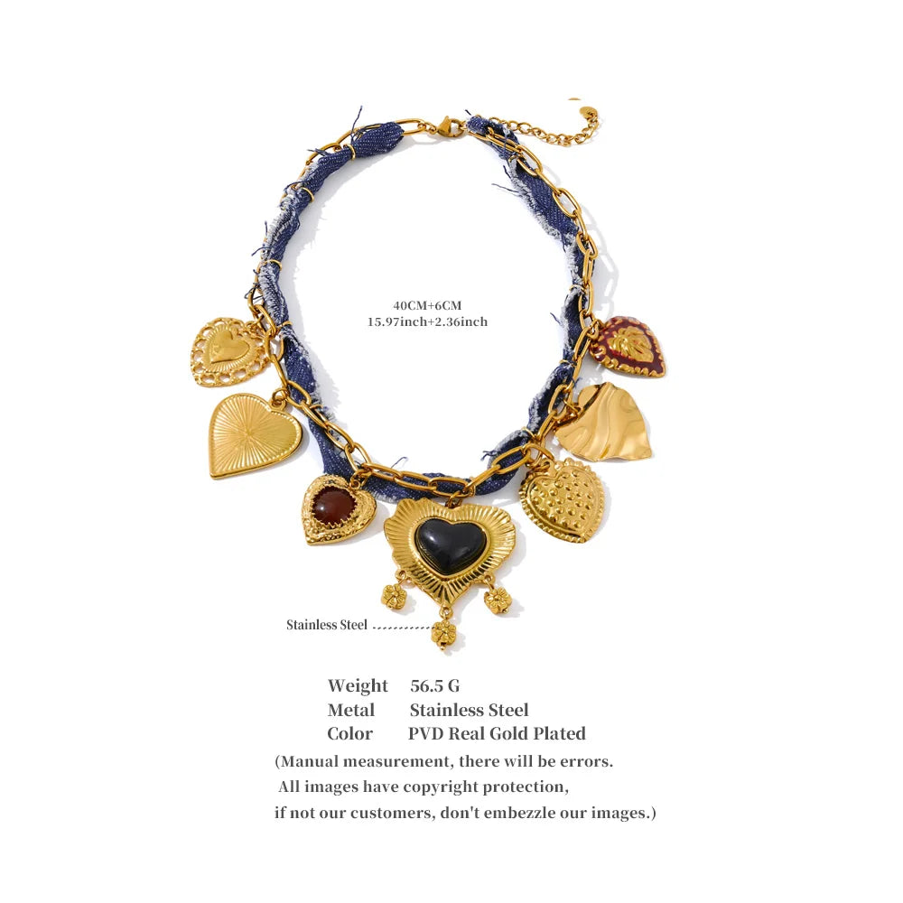 Blue Denim Chain Heart Flower Drop Charm Statement Necklace