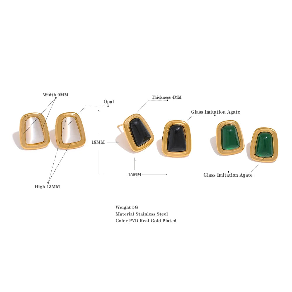 Square Crystal Opal Stone Stud Earrings (Green-Black-White)