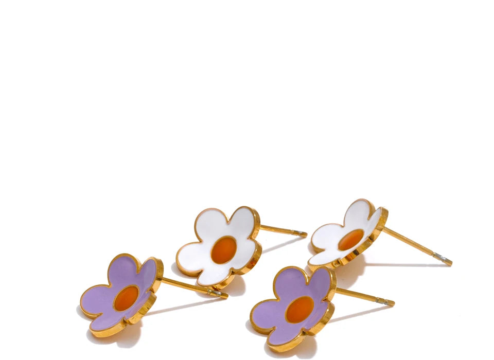 White Purple Enamel Flower Earrings