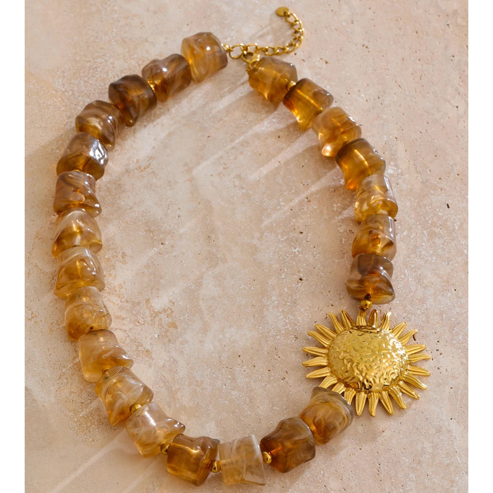 Amber Resin Sun Beads Chain Handmade Necklace