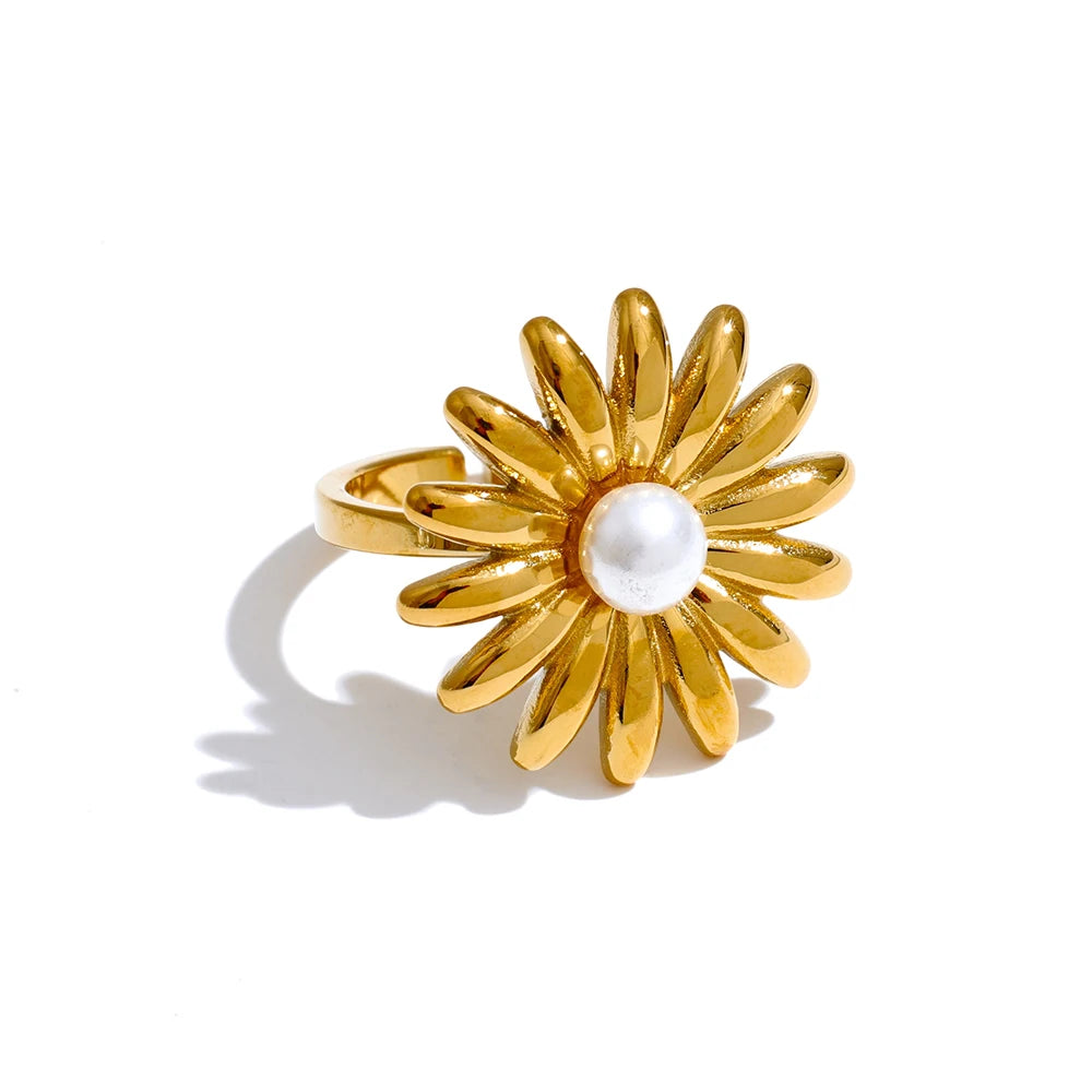 Pearl Sunflower Adjustable Ring