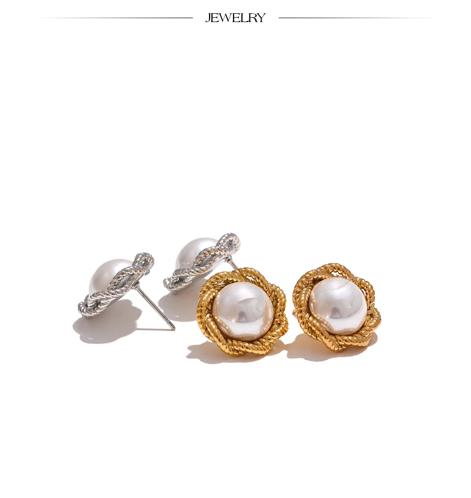 Pearl Round Flower Stud Earrings