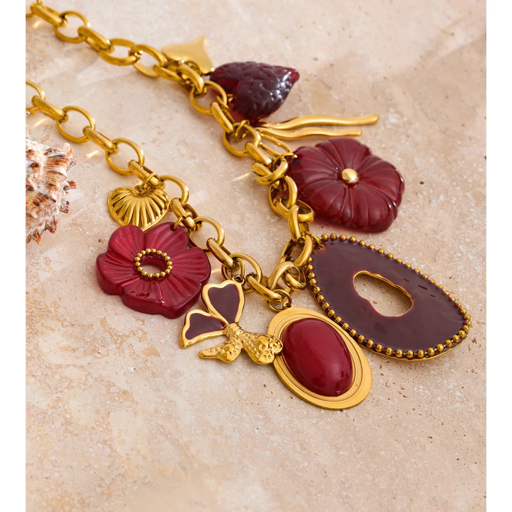 Red Resin Flower Charm Pendant Necklace