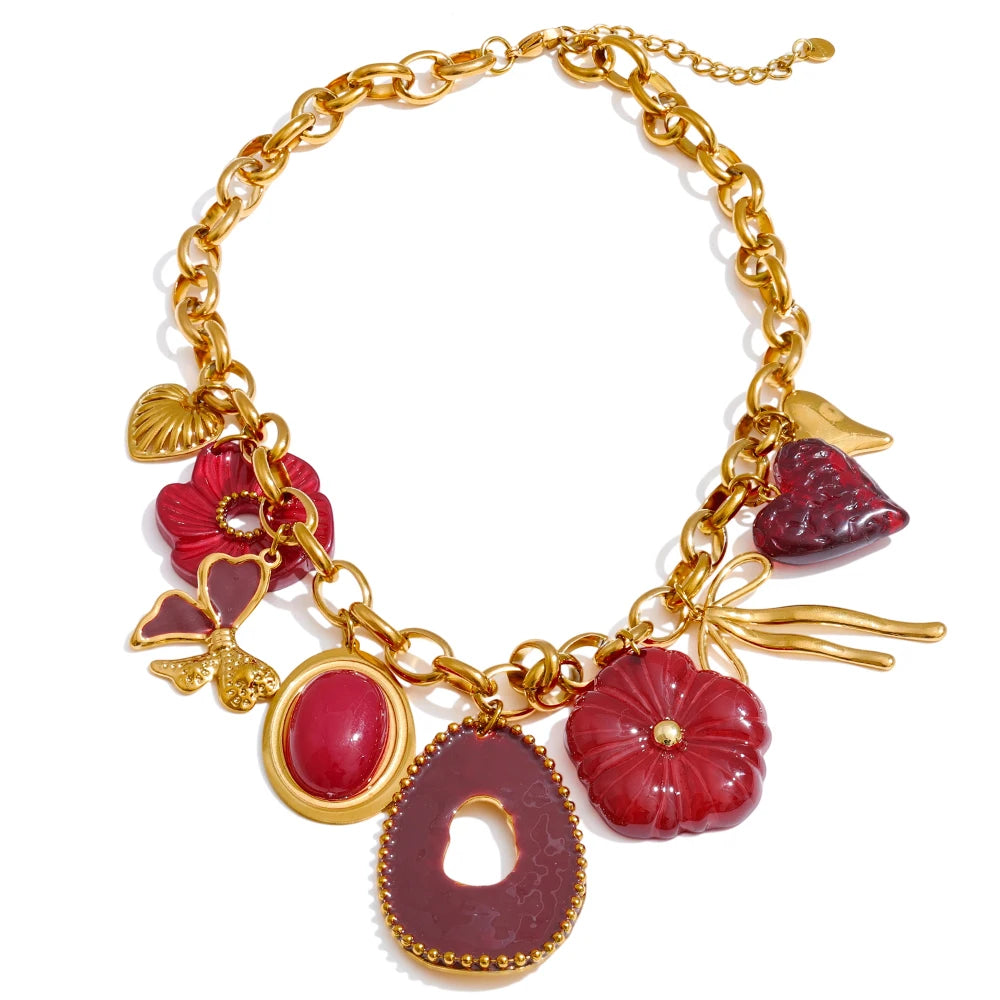 Red Resin Flower Charm Pendant Necklace