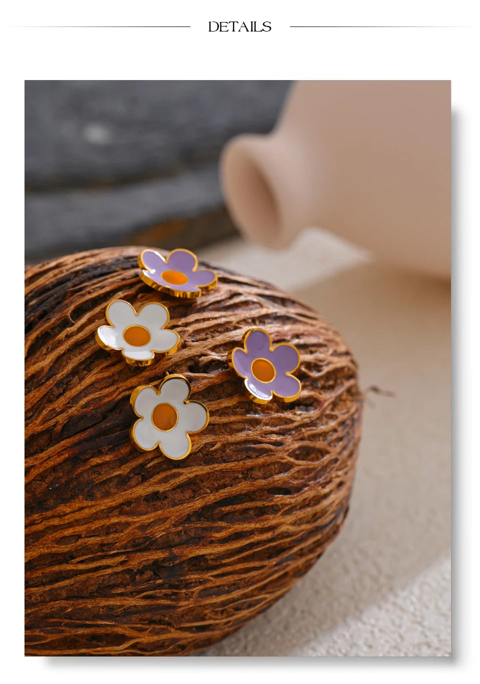 White Purple Enamel Flower Earrings