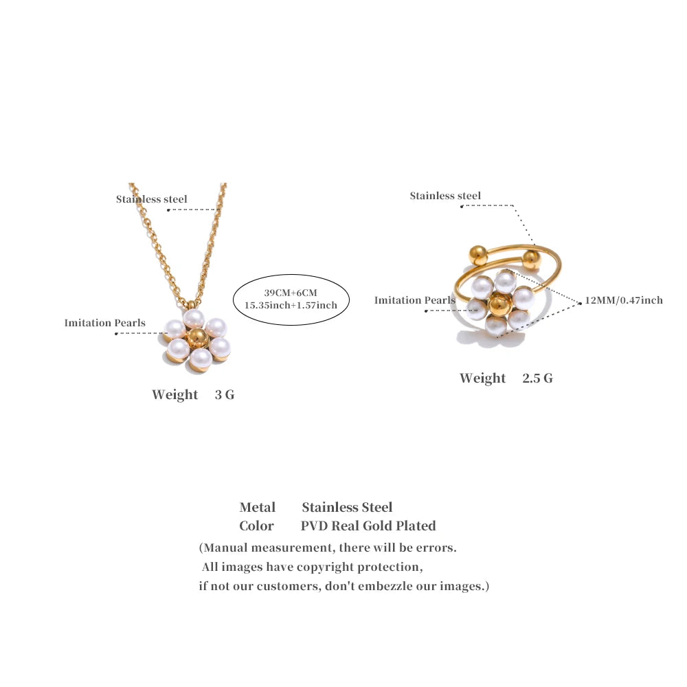 Pearls Flower Pendant Necklace Ring Set