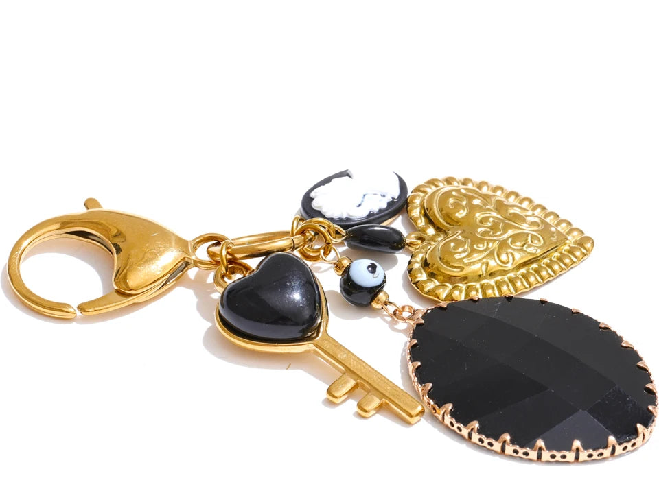 Black Resin Key Heart Chain Pendant Keychain