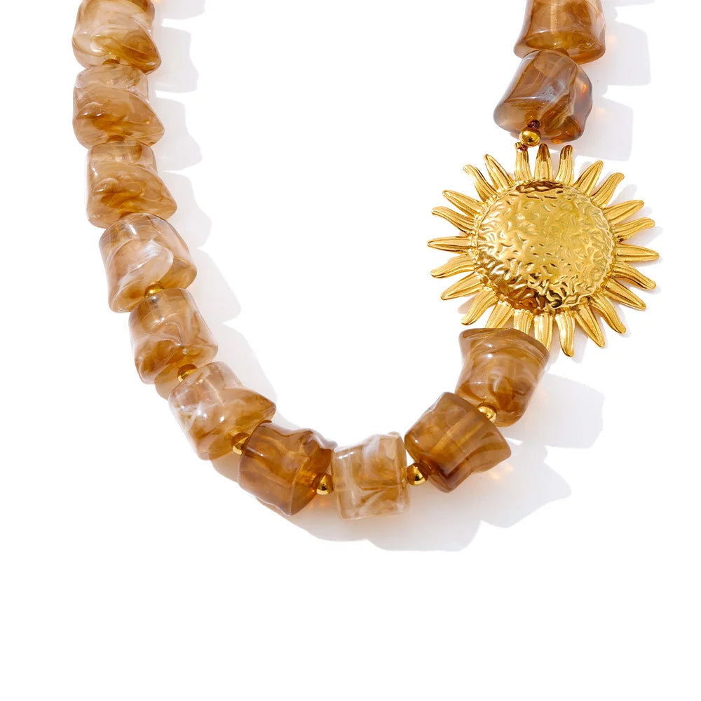 Amber Resin Sun Beads Chain Handmade Necklace