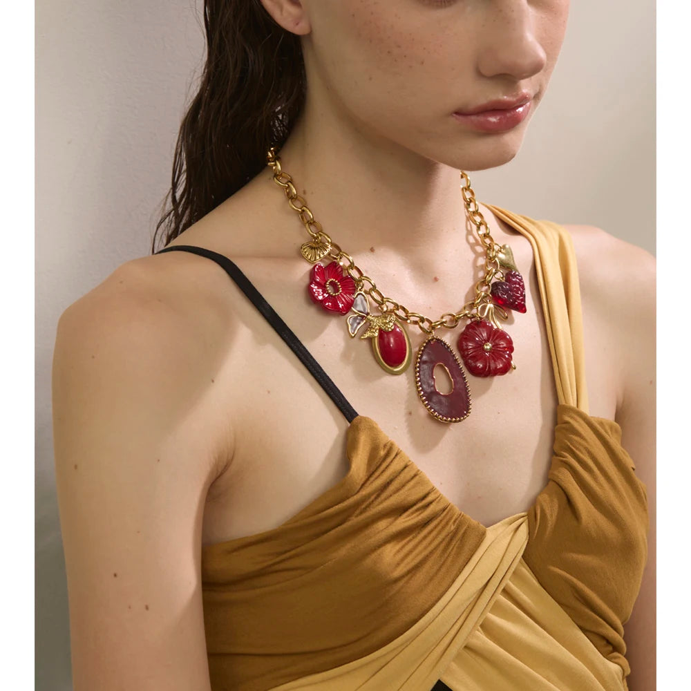 Red Resin Flower Charm Pendant Necklace