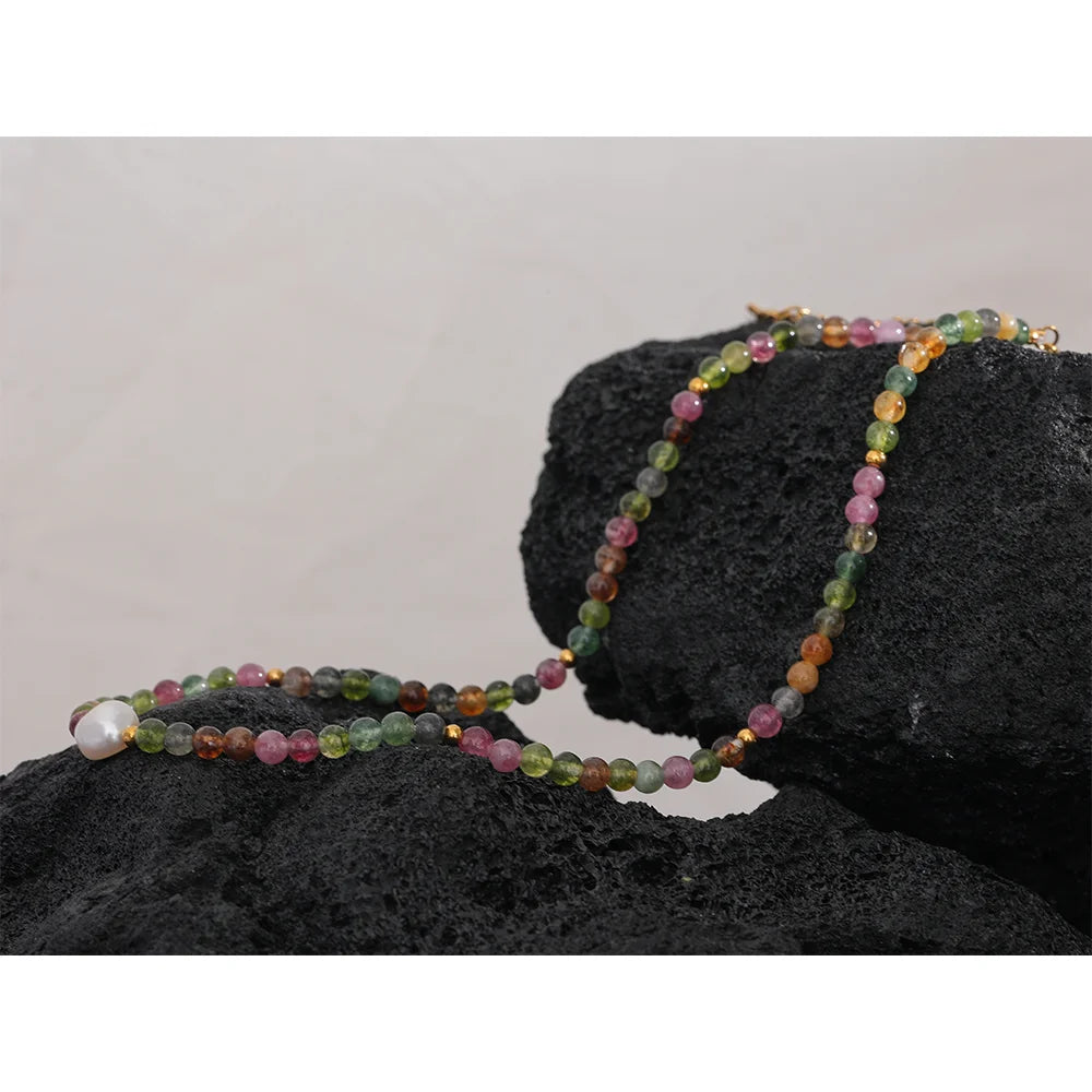 Multicolor Natural Tourmaline Stone Pearl Necklace