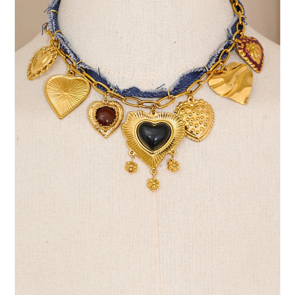 Blue Denim Chain Heart Flower Drop Charm Statement Necklace