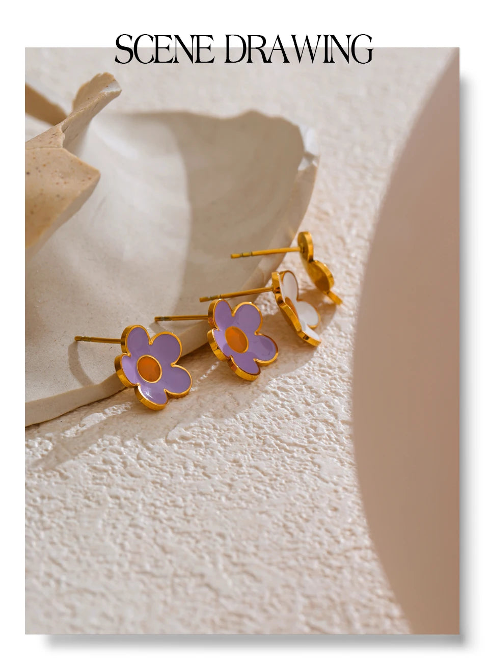 White Purple Enamel Flower Earrings