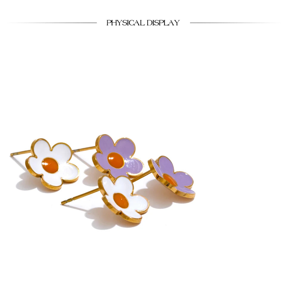 White Purple Enamel Flower Earrings