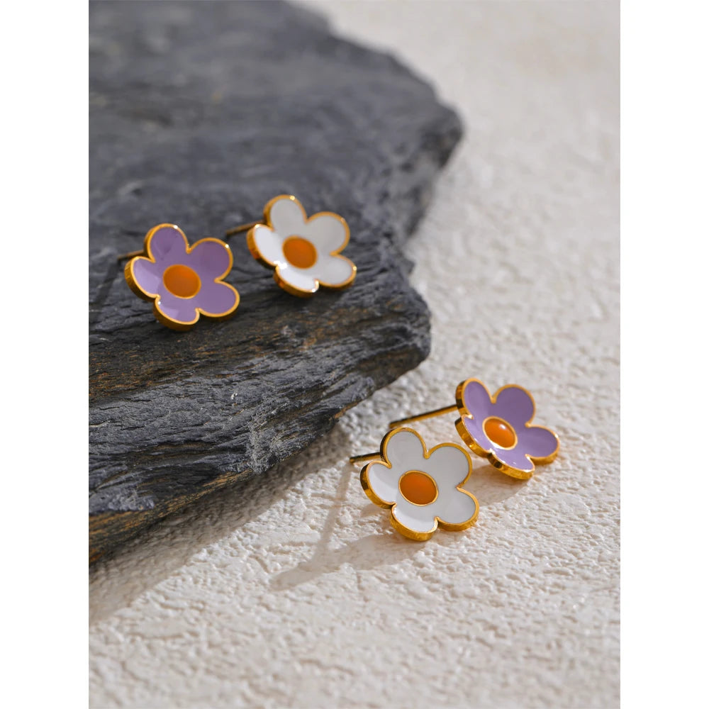 White Purple Enamel Flower Earrings