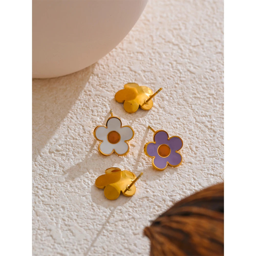 White Purple Enamel Flower Earrings