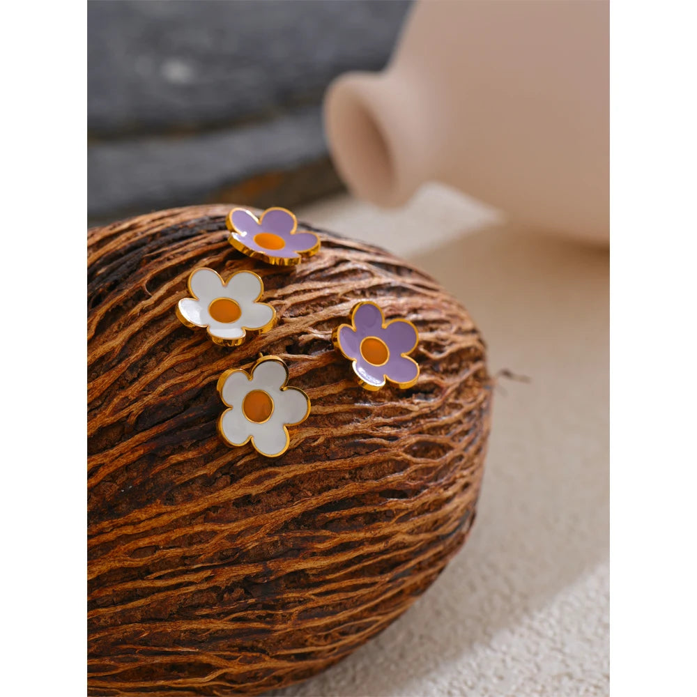 White Purple Enamel Flower Earrings