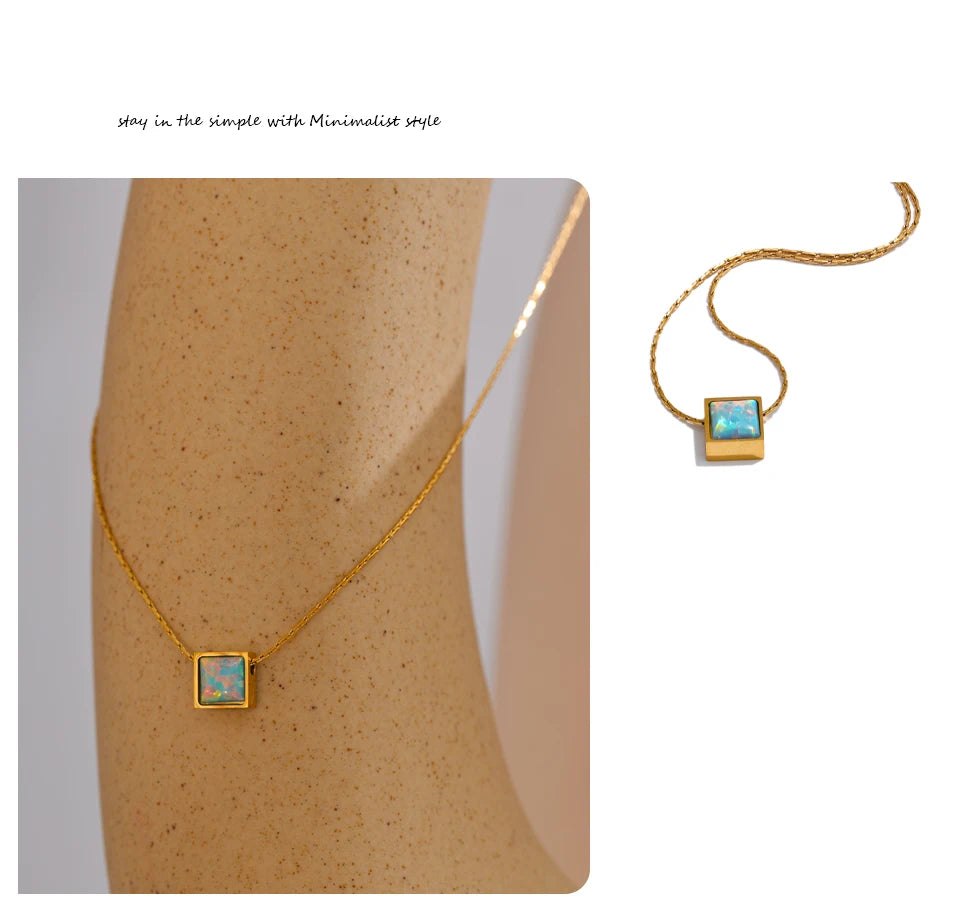 Square Natural Opal Stone Necklace