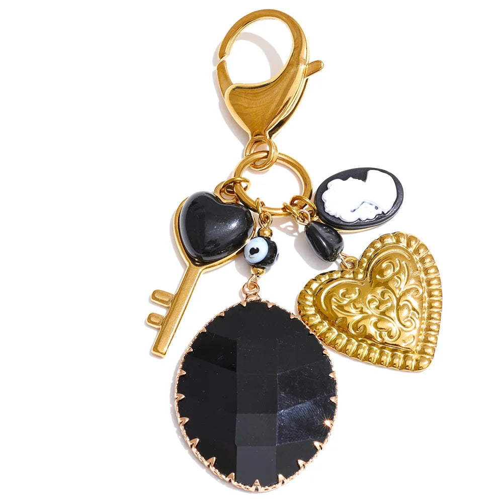 Black Resin Key Heart Chain Pendant Keychain