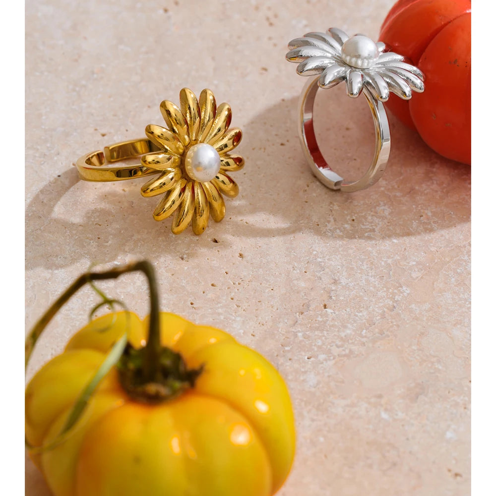 Pearl Sunflower Adjustable Ring