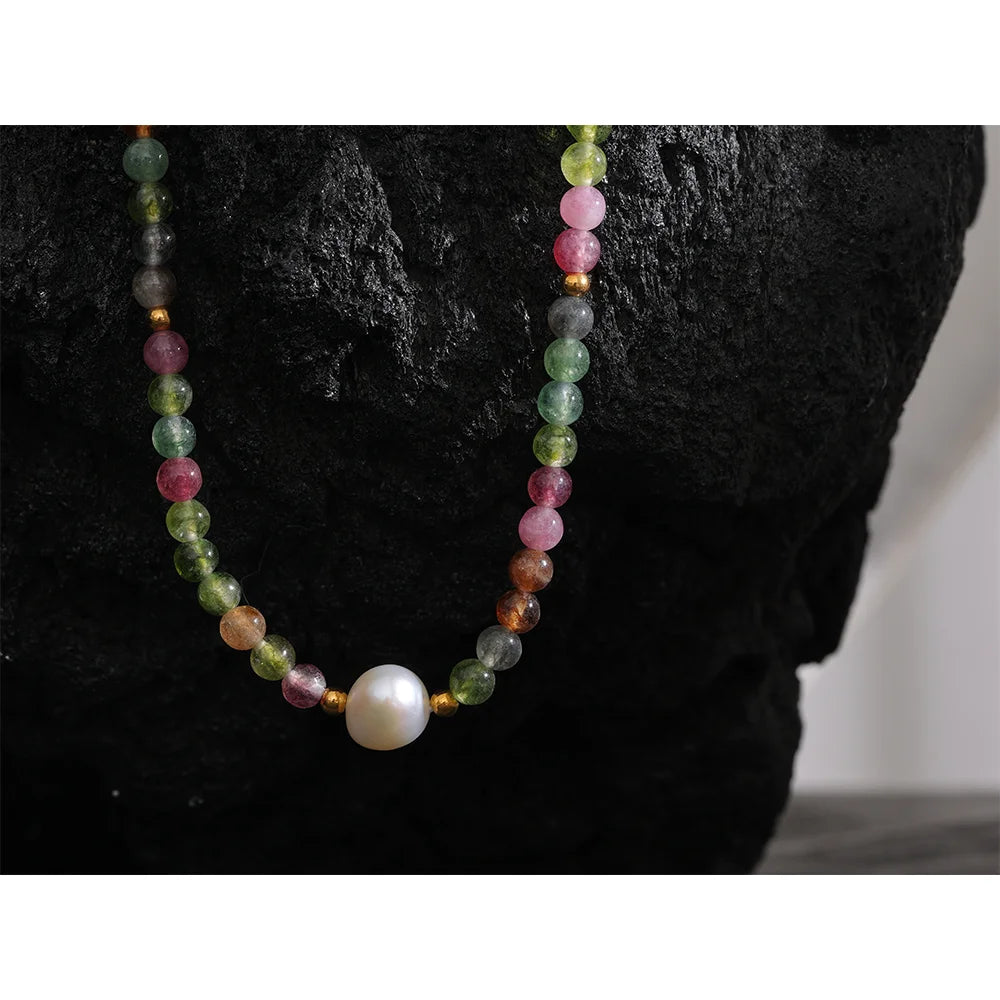 Multicolor Natural Tourmaline Stone Pearl Necklace