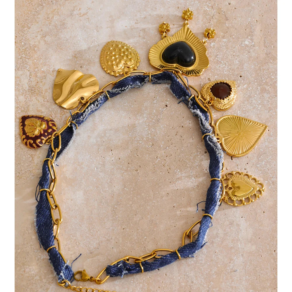 Blue Denim Chain Heart Flower Drop Charm Statement Necklace