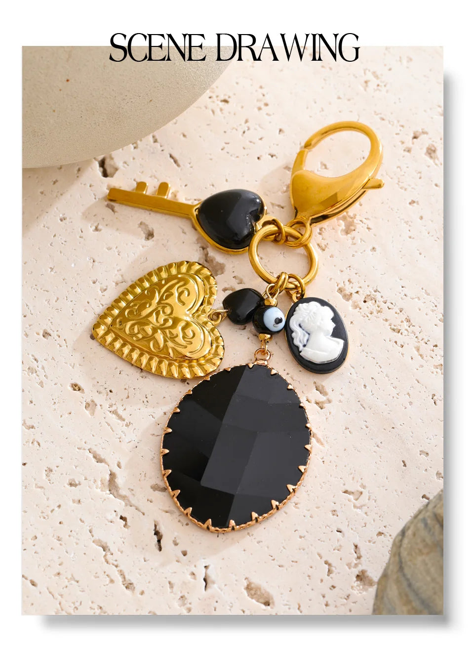 Black Resin Key Heart Chain Pendant Keychain