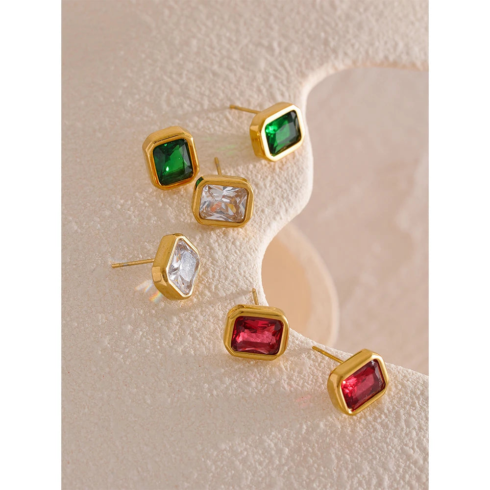 Square Geometric Stud Earrings (Pink-Red-Green)