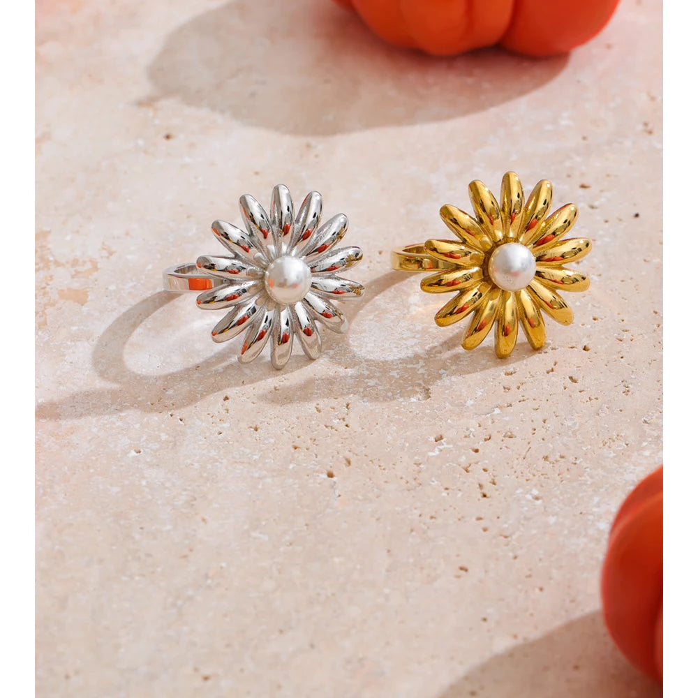 Pearl Sunflower Adjustable Ring