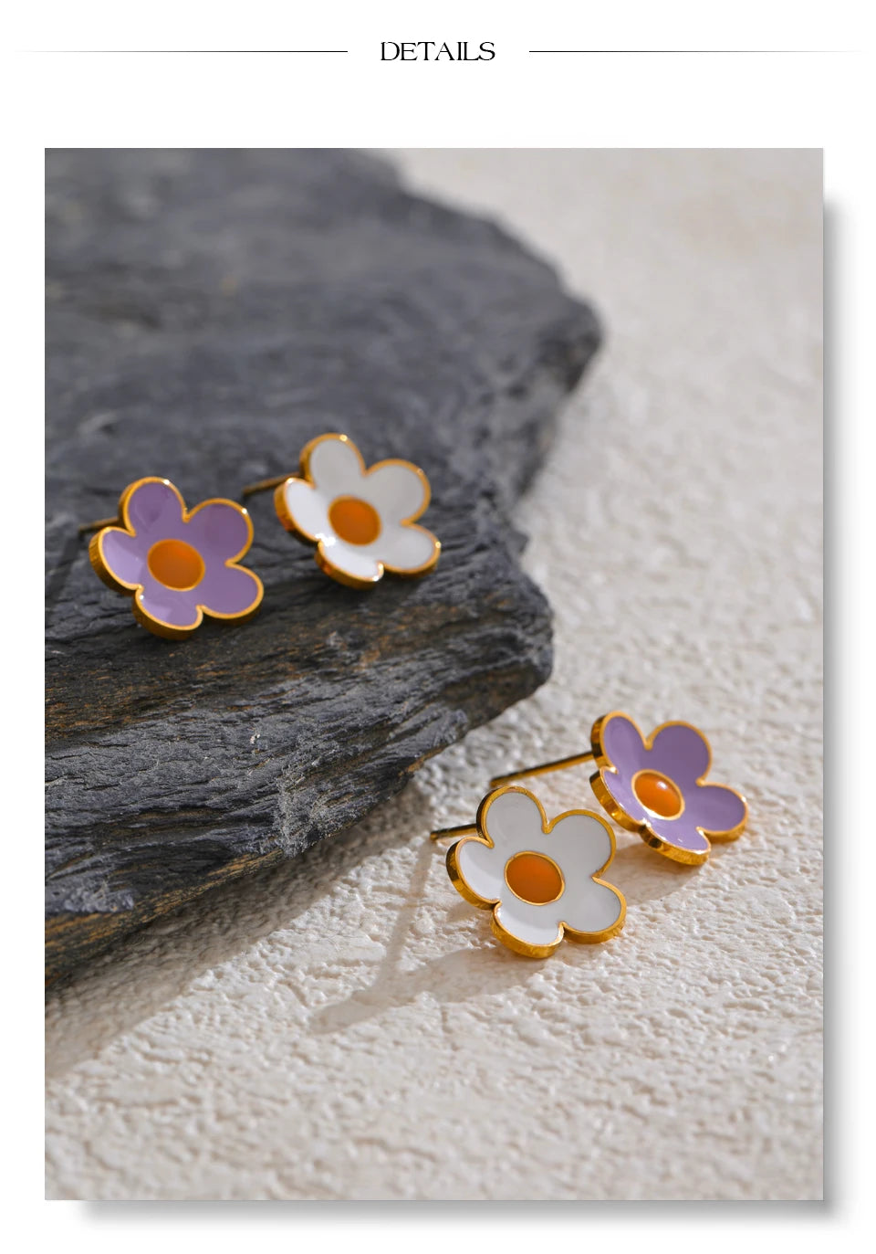 White Purple Enamel Flower Earrings