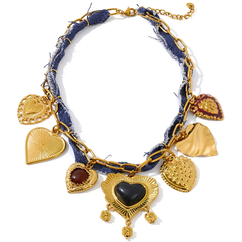 Blue Denim Chain Heart Flower Drop Charm Statement Necklace
