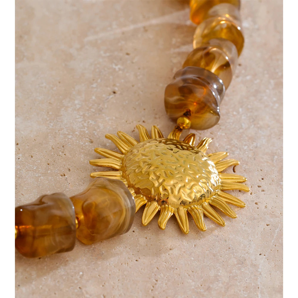 Amber Resin Sun Beads Chain Handmade Necklace