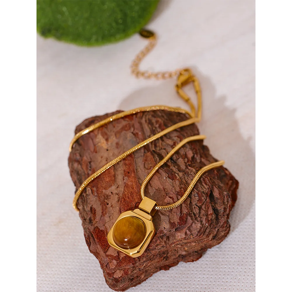 Natural Tiger Stone Square Pendant Necklace