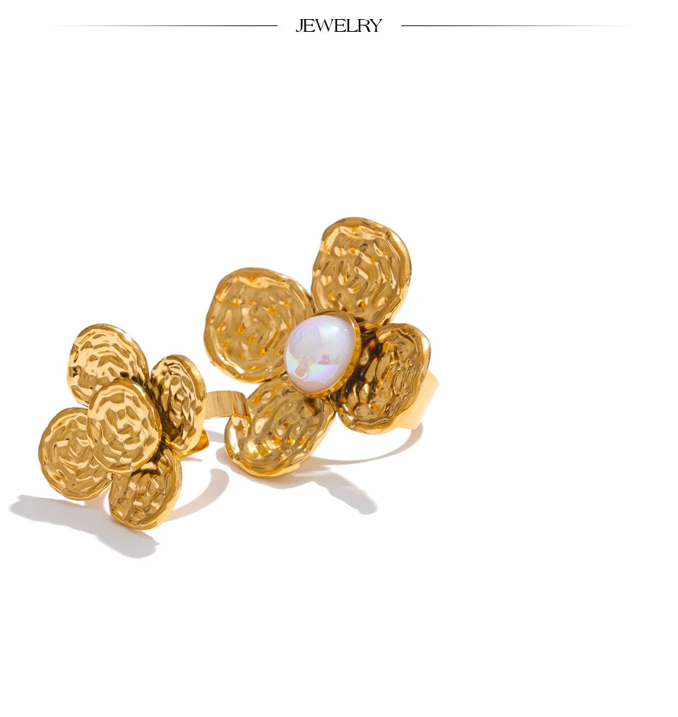 Flower Pearls Open Golden Ring