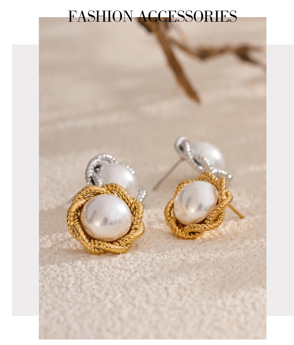 Pearl Round Flower Stud Earrings