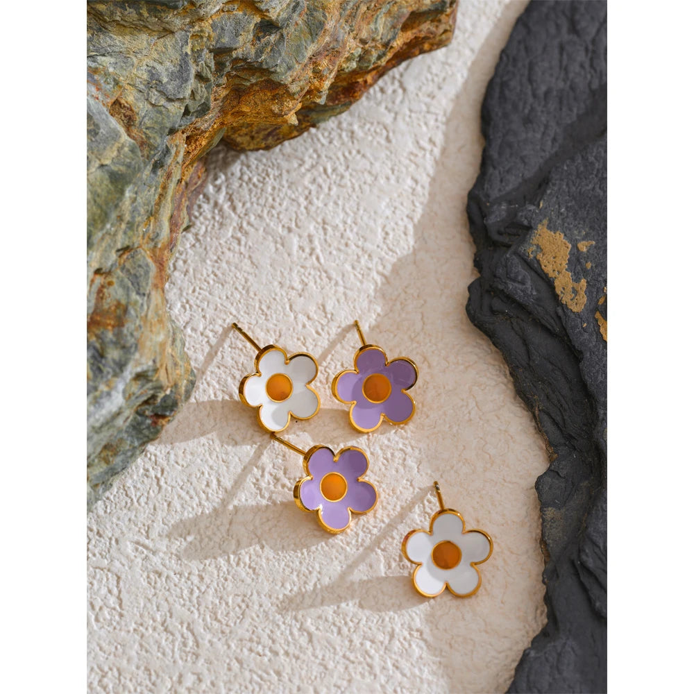 White Purple Enamel Flower Earrings