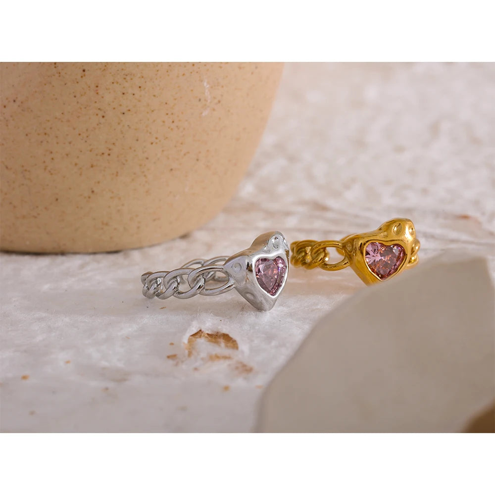 Pink Cubic Zirconia Stainless Steel Heart Ring