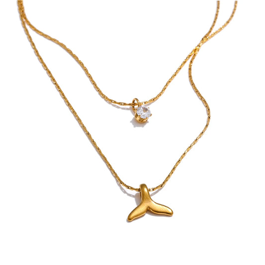 Double Layer Stacking Chain Zircon Fishtail Necklace
