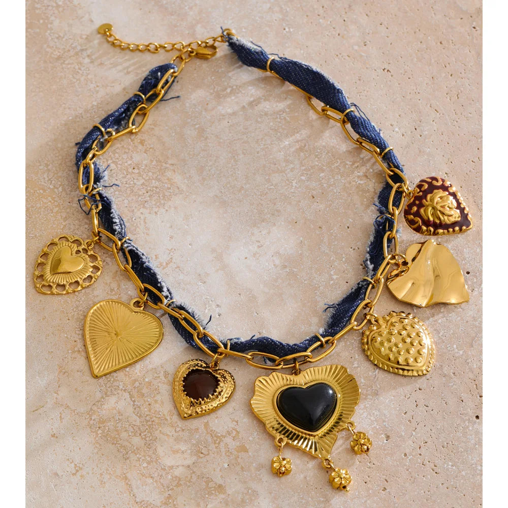 Blue Denim Chain Heart Flower Drop Charm Statement Necklace