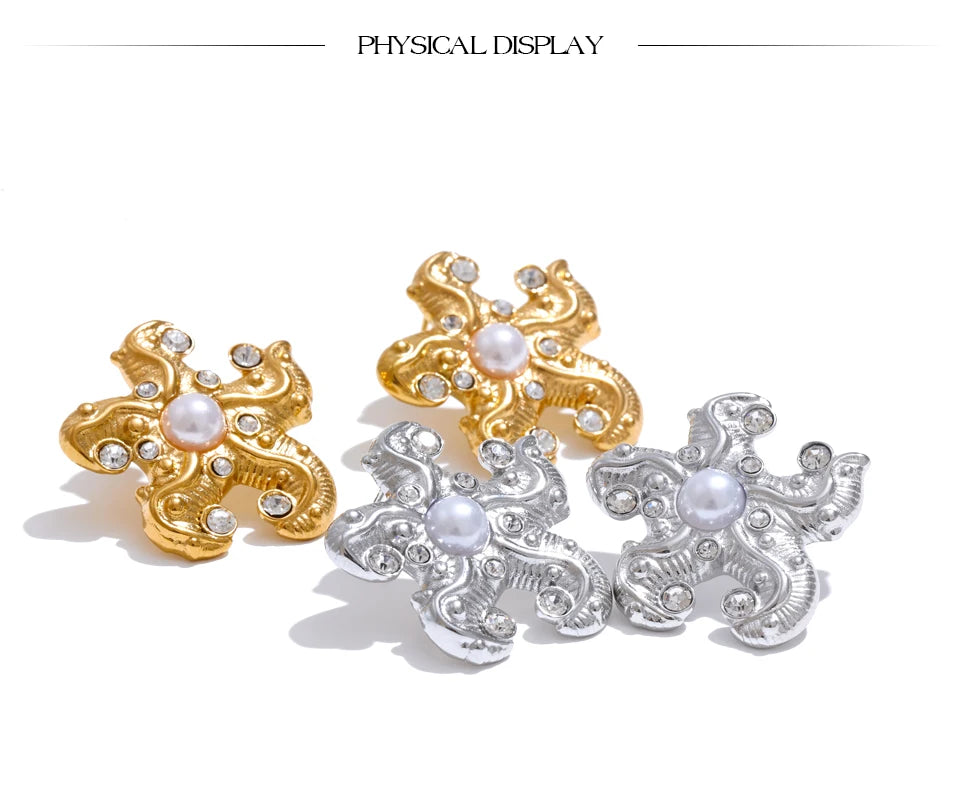 Ocean Style Pearls Zirconia Starfish Stud Earrings