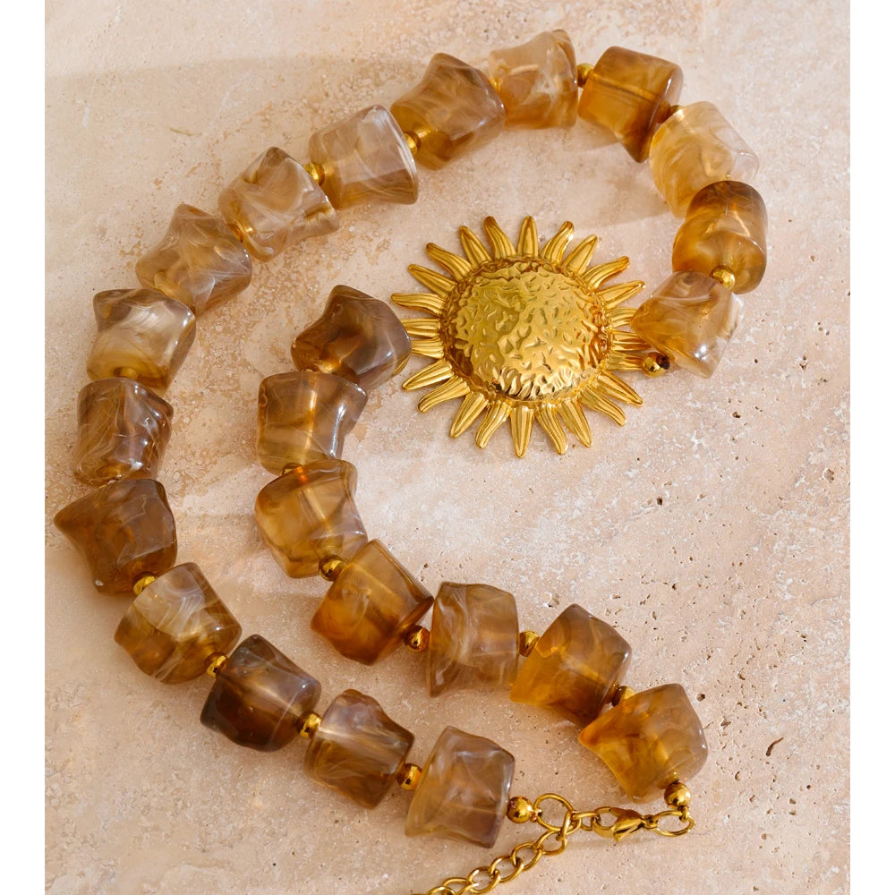 Amber Resin Sun Beads Chain Handmade Necklace