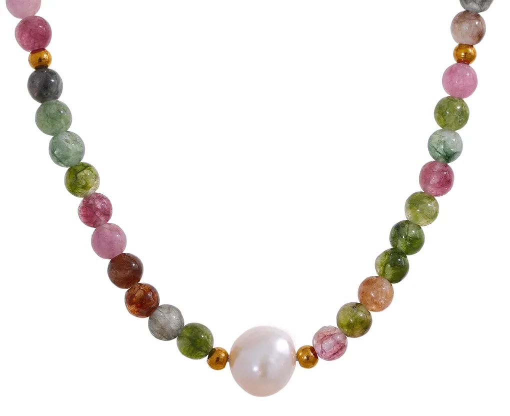 Multicolor Natural Tourmaline Stone Pearl Necklace